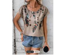 SHEIN LUNE Fashionable Feather Pattern Printed Casual T-Shirt