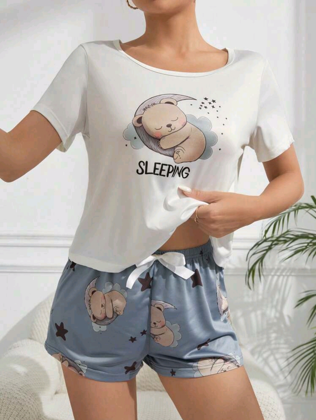 LOLITAGraphics Women's Letter Cartoon Printed Short Sleeve Shorts Pajama Set