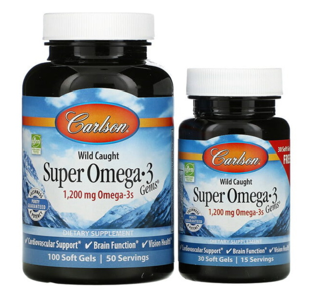 -20%Carlson Wild Caught Super Omega-3 Gems, высокоэффективная омега-3 из морской рыбы, 600 мг, 100 плюс 30 капсул