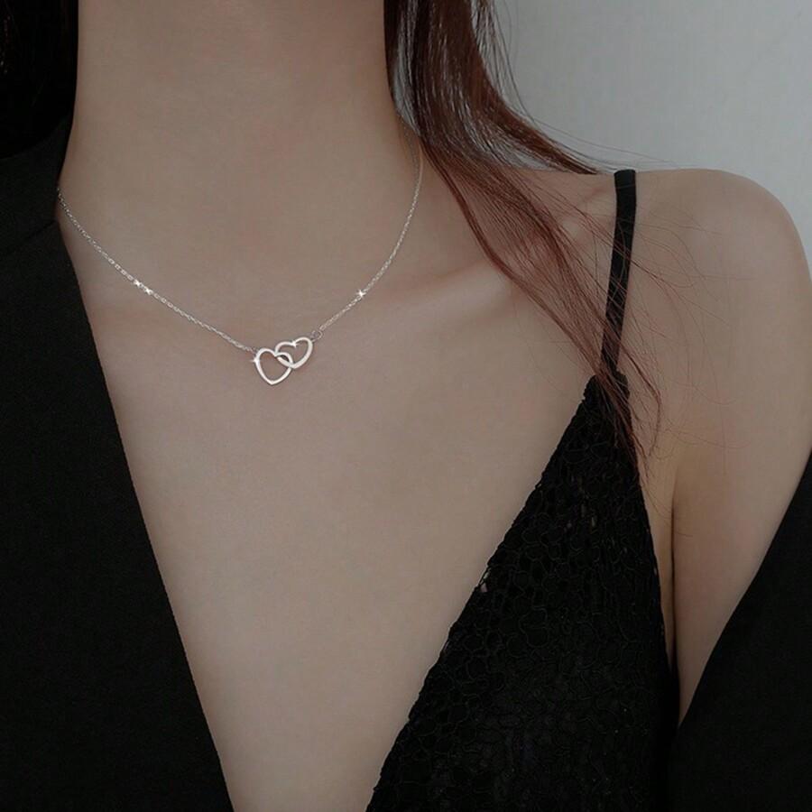 1 шт., Минималистичное ожерелье в форме сердца с двойными кругами для женщин, ювелирная цепочка для ключиц Артикул: sj2403097319386840