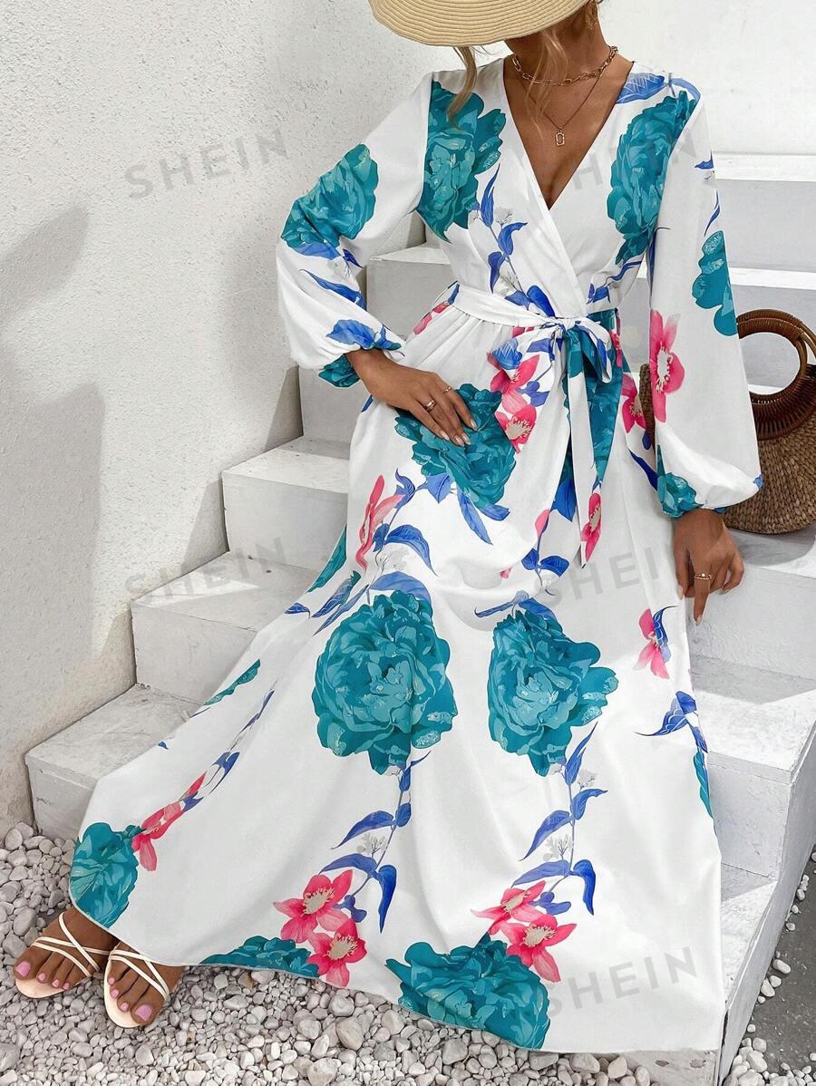 Длинное макси-платье SHEIN LUNE с цветочным принтом и V-образным вырезом-фонариком, подарок на День матери Артикул: sz2402247573723667
