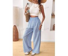 SHEIN VCAY Women Ruffled Elastic Waist Casual Striped Wide Leg Vacation Pants,Colorblock Blue & White Striped Pants Back To School For Daily Wear,Fall Outfits,Commute,Minimalist,Office,Old Money,Simple,Teacher Clothes SKU: sz2408095921731863