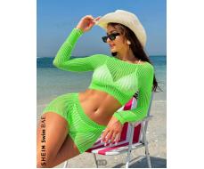 SHEIN Swim Vcay Summer Beach Ladies' Short Solid Color Round Neck Vacation Style Matching Long Sleeve Cover Up Top And Shorts Set