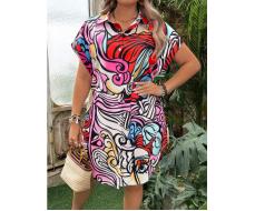 SHEIN Essnce Plus Size Women's Summer Bat Allover Print Short Sleeve Casual Shirt Dress SKU: sz2404021411574949