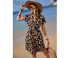 EMERY ROSE Women Notched Neck Batwing Sleeve Tie-Waist Holiday Spring Summer Dress