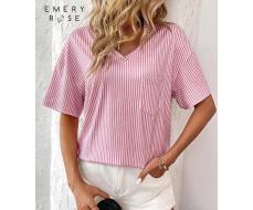 EMERY ROSE Women Summer Striped And Printed V-Neck Dropped Shoulder Short Sleeve Loose Casual T-Shirt