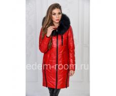 Красное зимнее кожаное пальто  Артикул:T-17728-R