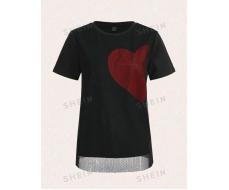 SHEINNeu Summer Ladies' Short Sleeve Black T-Shirt With Mesh Splicing Heart-Shaped Print Pattern