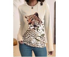 SHEIN LUNE Slim Fit Floral & Leopard Print Long Sleeve Casual T-Shirt For Women, Unique Design, Spring & Autumn SKU: sz2409246975553153