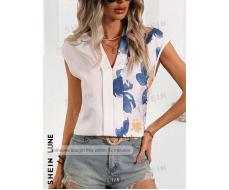 SHEIN LUNE Spring/Summer Women's White Flower Printed Shirt, Work Blouse