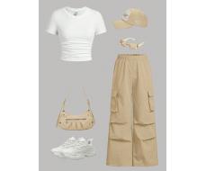 Комплект из трикотажной футболки в рубчик с коротким рукавом для девочки-подростка SHEIN и повседневных брюк в стиле рабочей одежды АРТИКУЛ: sk2311075352392723