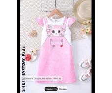 SHEIN Young Girls' Cartoon Animal Cat Design Denim-Like Knitted Dress, Spring And Summer