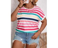 SHEIN VCAY Plus Striped Print Batwing Sleeve Summer Tee SKU: sz2403150468076913