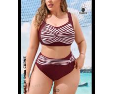 SHEIN Swim Curve Plus Size Women'S Striped Swimsuit With Front Twist Knot Detail Set New Year