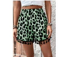 SHEIN LUNE Women's Leopard Print Vacation Style Loose Shorts With Tassel Hem Design