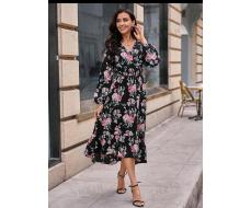 SHEIN Clasi Women's Lantern Sleeve Floral Printed Asymmetrical Hem Dress