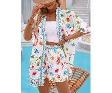 КОМПЛЕКТ  SHEIN VCAY Women's Tropical Plant Printed Kimono Style Cardigan With Batwing Sleeves And Shorts Loose 2pcs Set For Vacation SKU: sz2403156512056836