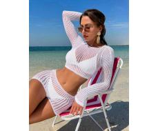 SHEIN Swim Vcay Summer Beach Ladies' Short Solid Color Round Neck Vacation Style Matching Long Sleeve Cover Up Top And Shorts Set