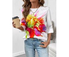 SHEIN LUNE Women's Floral Printed Round Neck Short Sleeve Casual Blouse