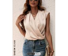 SHEIN Clasi Solid Surplice Neck Satin Blouse