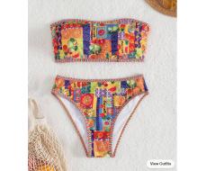 SHEIN Swim Summer Beach Women's Fruit Printed Bandeau Bikini Set SKU: sz2311281162168727