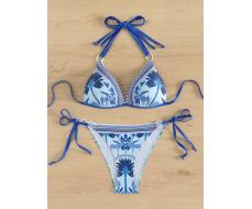 SHEIN Swim Women'S Coconut Tree Print Bikini Set With Circular Ring Decoration, Knot & Side Cutout Design Carnival SKU: sz2311191483189188