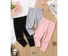 Young Girl Casual Cute 3 шт Cat Pattern Print Solid Color Leggings, Four Seasons Basic Bottoms