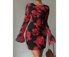 SHEIN Privé Women's Casual Floral Print Round Neck Bell Sleeve Cinched Waist Dress, Autumn SKU: sz2409030195574559