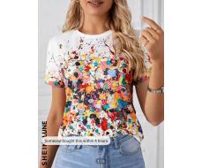 SHEIN LUNE Round Neck Ink-splattered Print Short Sleeve T-shirt