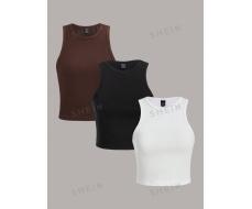 3шт SHEIN Essnce 3pcs/Set Casual Simple Round Neck Slim Fit Crop Tank Top, Suitable For Summer SKU: sz2312013328361350