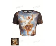 LAURA BARREIRO Round Neck Slim Fit Crop Tee For Women With Angel Print Designed by  LAURA BARREIRO @orangethestudio SKU: sz2311177864802946