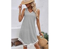 SHEIN LUNE Striped Sleeveless Dress With Fringe Hem SKU: sz2401260257452922