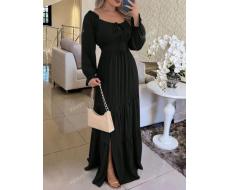 Women's Spring Summer Solid Color Tie Front Long Sleeve Ruffle Hem Long Elegant Dress SKU: sz2407010300584383