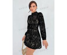 Aloruh Plush Gathered Waist Elegant Puff Sleeve Dress SKU: sz2310129801363750