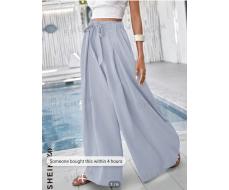 SHEIN VCAY Women's Solid Color Waist Tie Pleated Wide Leg Loose Long Pants, Vacation Style