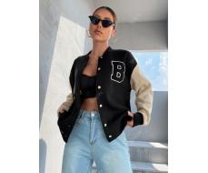 SHEIN MOOSTA Letter Patch Detail Drop Shoulder Two Tone Varsity Jacket,Ladies Spring/Fall Casual Button,Patched Drop Shoulder Baseball Collar Regular Fit Black Colorblock,Letter Women Jackets,Casual Daily Wear SKU: sw2108260865288521