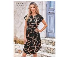 EMERY ROSE Notched Neck Graphic Print Belted Dress