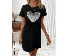 SHEIN LUNE Women's Short Sleeve Heart Shaped Beaded Dress