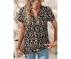 Повседневная женская футболка SHEIN Clasi на молнии с леопардовым принтом и коротким рукавом, летняя, для учителей АРТИКУЛ: sz2405108994181784