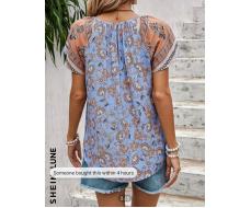 100% Вискоза SHEIN LUNE Floral Print Tie Neck Raglan Sleeve Blouse