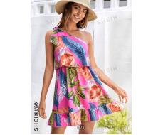 SHEIN VCAY Tropical Print One Shoulder Ruffle Hem Dress