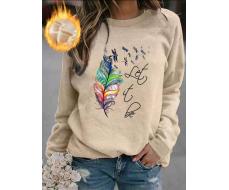 Let It Be Design Letter & Feather Printed Women'S Casual Simple Round Neck Sweatshirt