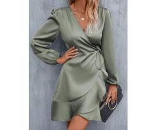 SHEIN Clasi Lantern Sleeve Ruffle Trim Wrap Knot Side Satin Dress,Ladies Elegant Knot,Ruffle Hem,Wrap Long Sleeve V Neck Regular Fit Short Green Bishop Sleeve Plain A Line Women Short Dresses,Spring/Fall,Party/Nightclub Outfits SKU: sz2304255274401060