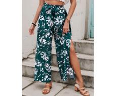 SHEIN Frenchy Green Beach Pants  Floral Print Paper Bag Waist Wide Leg Pants With Side Slit