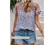 100% Вискоза SHEIN LUNE Floral Print Tie Neck Raglan Sleeve Blouse