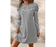 SHEIN Clasi Houndstooth Gigot Sleeve Round Neck Short Casual Dress For Vacation SKU: sz2406155736630622