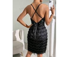 SHEIN SHEIN Allurite Women's Sexy Backless Sequin Splice Fringed Spaghetti Strap Dress, Summer