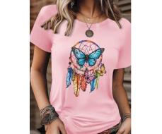 SHEIN EZwear Butterfly Dreamcatcher Printed Short Sleeve Casual T-Shirt For Summer SKU: sz2312201227266627