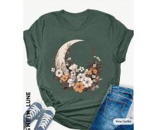 SHEIN LUNE Moon And Floral Pattern T-Shirt For Leisure SKU: sz2401271060725991