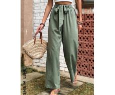 100% хлопок SHEIN LUNE Solid Belted Wide Leg Trousers